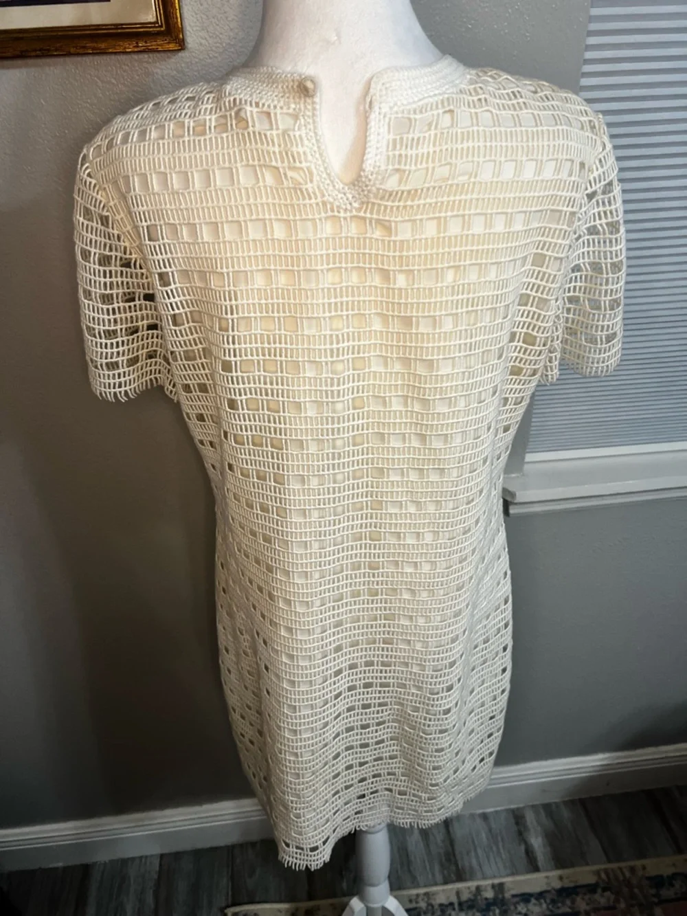 Tory Burch Dress Crochet Lace Lined Pencil Ivory Off White Medium